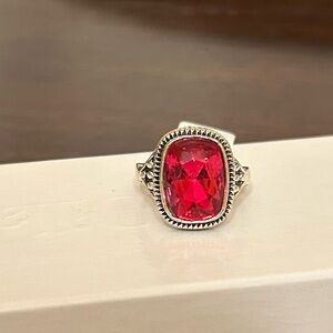 Size 8.25 Silver Tone Ring with Red Diamond CZ Gemstone No Mark